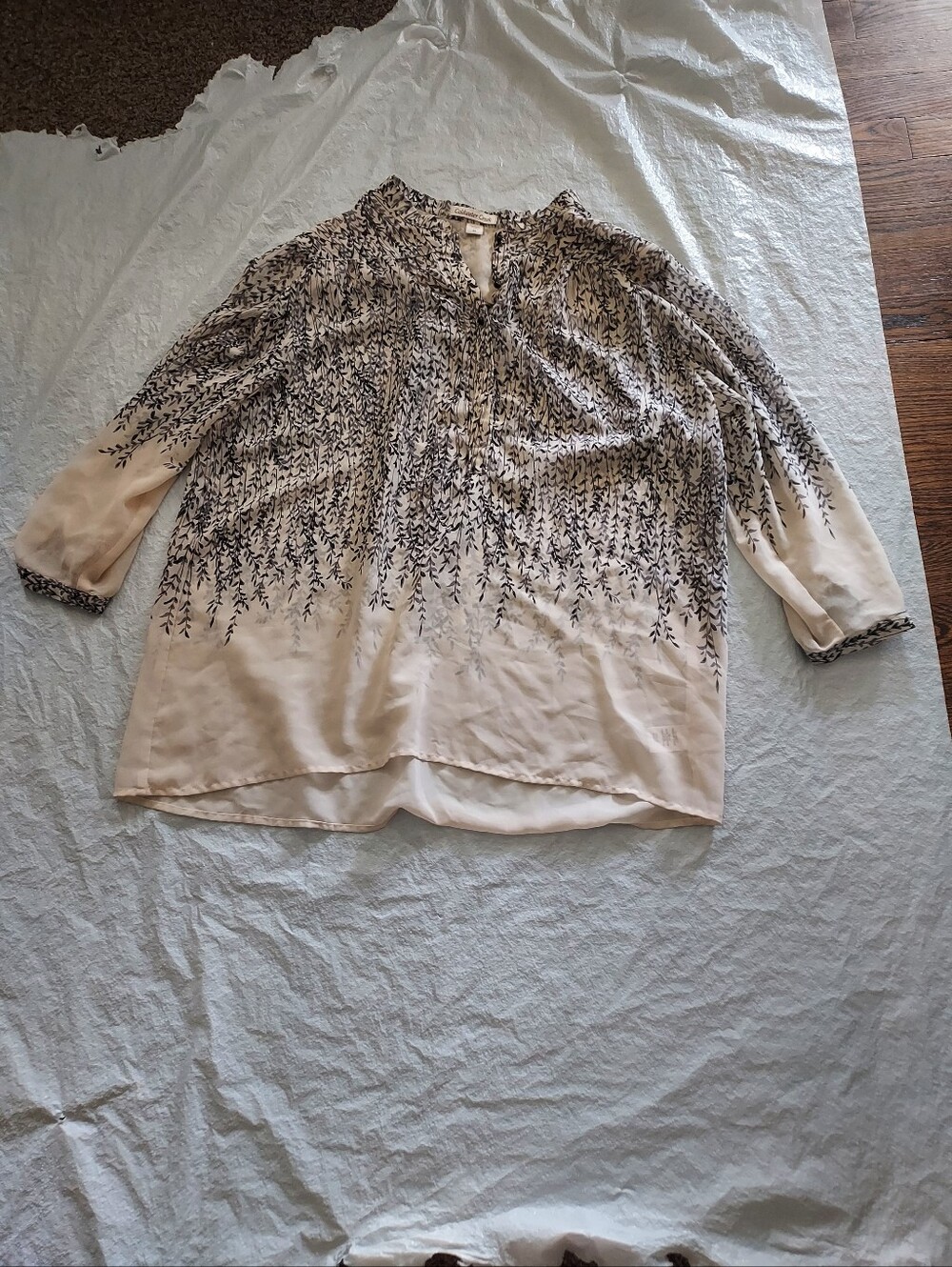 Coldwater Creek Cream Blouse with Black Botanical Print